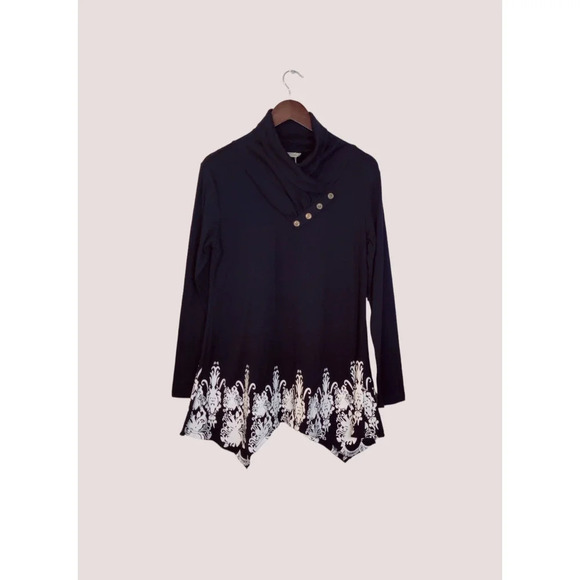 SeSe Code Black & White Long Sleeve Asymmetric Floral Longline Tunic Top Size M - Picture 1 of 10